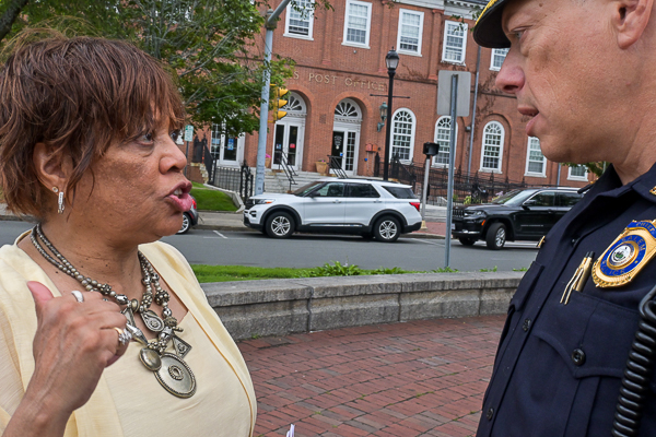 Doreen Wade talks with Chief of Police Lucas Miller