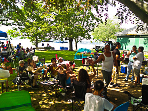 People having picnic under trees with ocean in background