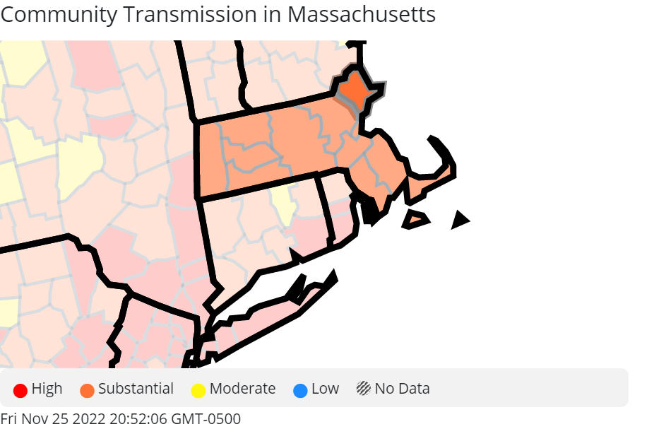 Map of Massachusetts showing community transmission levels