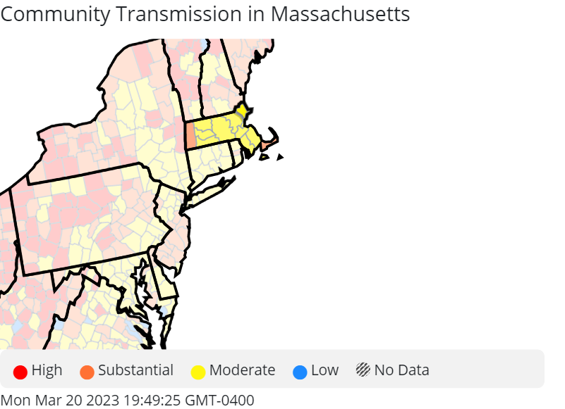Map of Massachusetts showing community transmission levels