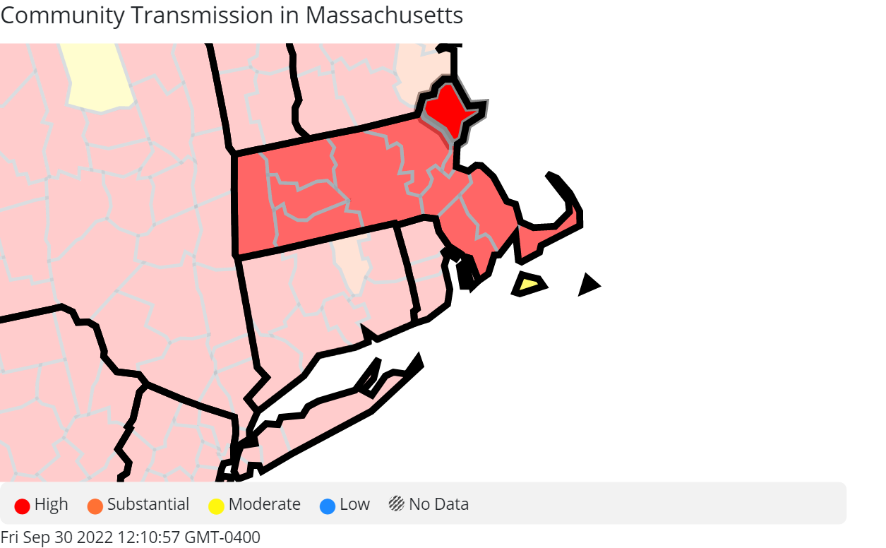 Map of Massachusetts showing community transmission levels